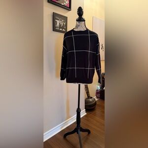 Women’s Black Crewneck Sweater with White Windowpane